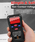 Hand holding Rechargeable Digital Multimeter Tester With Type-C Interface, 4000 Counts, showing non-contact voltage detection.