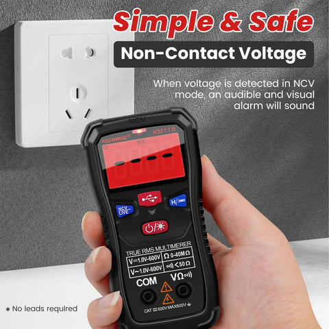 Hand holding Rechargeable Digital Multimeter Tester With Type-C Interface, 4000 Counts, showing non-contact voltage detection.