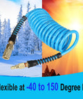 Heavy Duty 1/4 Inch ID Polyurethane Recoil Air Hose 10 Feet Long Air Compressor Line With Solid Brass Quick Connect Plug 145 PSI Max Pressure Blue coiled hose in extreme temperatures.