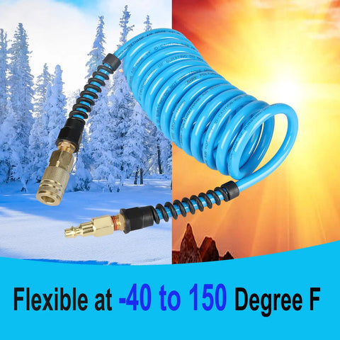 Heavy Duty 1/4 Inch ID Polyurethane Recoil Air Hose 10 Feet Long Air Compressor Line With Solid Brass Quick Connect Plug 145 PSI Max Pressure Blue coiled hose in extreme temperatures.