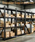 Beefed Up Garage Shelving System 73 Inches High, black steel warehouse shelving with triangular supports and boxes