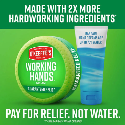Working Hands Hand Cream For Extreme Dryness Heavy Duty Moisturizer 3.4 Oz Jar next to a comparison tube labeled 'Bargain Hand Creams'.