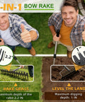 Two men demonstrating 2-In-1 49 Inch Metal Garden Rake For Weeding And Loosening Soil Digs Deep Rakes Leaves Breaks Up Compacted Dirt