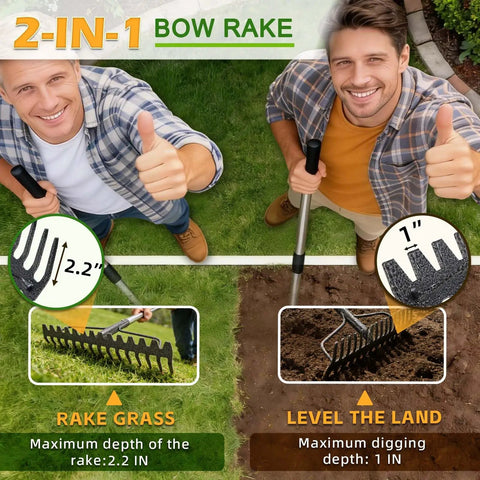 Two men demonstrating 2-In-1 49 Inch Metal Garden Rake For Weeding And Loosening Soil Digs Deep Rakes Leaves Breaks Up Compacted Dirt