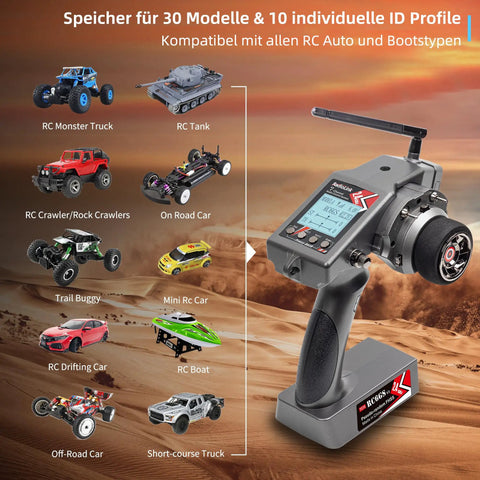 Image of 7 Channel 2.4GHz RC Transmitter With R7FG Gyro Receiver Kit featuring multiple compatible RC vehicles.