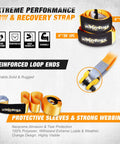 Beefy Off Road Winch Recovery Kit 8 Piece Set With 4x20 Tow Strap 4x8 Tree Saver shown with reinforced loop ends and orange design.