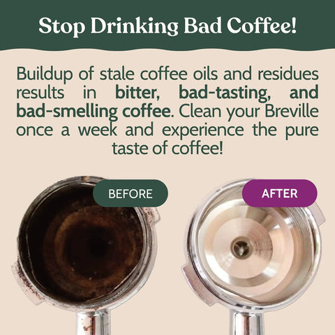 Espresso Machine Cleaning And Maintenance Kit For Breville And Other Compatible Models With Fast Acting Cleaning Tablets And Water Filtration To Knock Out Stale Residue, Extend Your Machine Life, And Boost Flavor. before and after portafilter cleaning