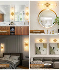 Solid Gold Battery Operated Wall Sconces Set Of Two Dimmable Rechargeable modern brushed metal in bathroom and living room settings.
