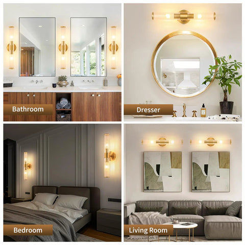 Solid Gold Battery Operated Wall Sconces Set Of Two Dimmable Rechargeable modern brushed metal in bathroom and living room settings.