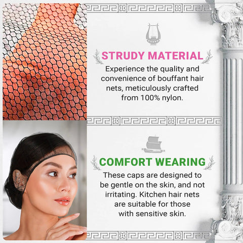 Disposable No Fuss Hair Nets For Food Service Black Nylon 28 Inch Pack Of 100 With Elastic Band Fit showcased on head and hand.