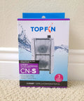 Packaging of CN-S Corner Filter Cartridges 3 Pack For Aquariums with blue and purple accents, white filter image visible