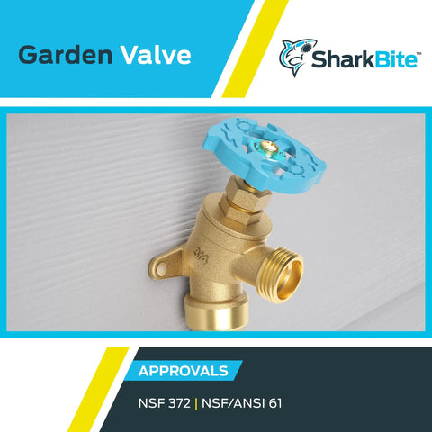 Brass Push To Connect Garden Valve Three Quarter Inch By Three Quarter Inch MHT Multi Turn Shutoff With Angled Handle shown