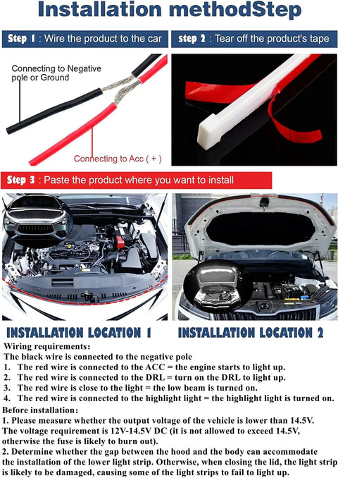 Installation steps for Lit 70 Inch 12V LED Hood Light Strip With Flexible Waterproof Design shown on cars