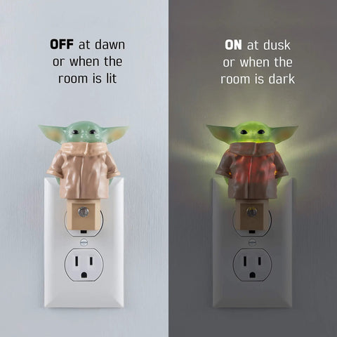 Baby Yoda Night Light Plug In With Dusk To Dawn Sensor Grogu The Child LED Lamp showing on and off modes in room outlet