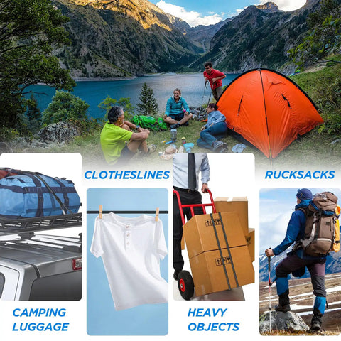 People camping by a lake with a tent, using 4 Pack 24 Inch Bungee Cords With Carabiner Hooks for luggage, clothes, and rucksacks.