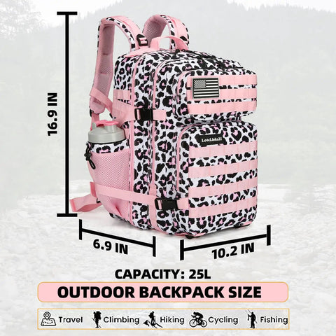 Pink leopard print 25L tactical backpack with MOLLE, side view, 900D oxford fabric, Beast Of A 25L Tactical Backpack For Men And Women