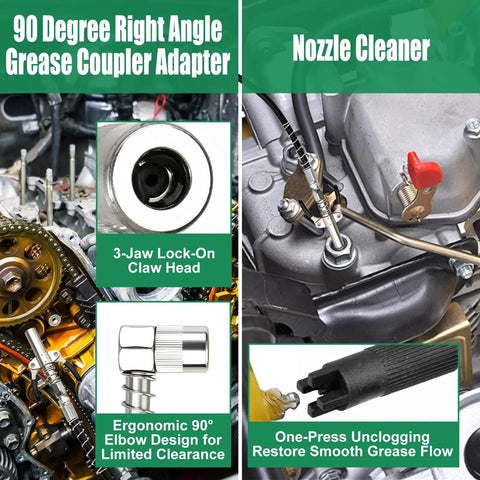 Close-up of 9 Piece Grease Gun Fittings Kit with 90 Degree Coupler Lock Clamp Nozzle Cleaner on engine