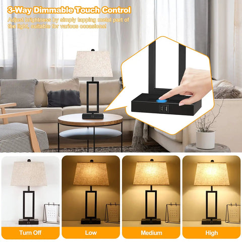 Set Of 2 Touch Control Table Lamps With USB Ports, 3-Way Dimmable Bedside Nightstand Lights For Bedroom And Living Room, Modern Fabric Shade Table Lamps With LED Bulbs Included