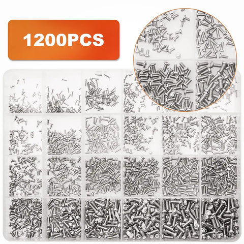 Mini Pan Head Screws Kit For Eyewear And Small Electronics 1200 Pcs In 24 Sizes With Clear Storage Box Ni Plated Carbon Steel
