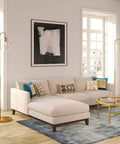 Living room with Arc Floor Lamp With Glass Shade In Brass And White Milk Glass, sleek modern reading light near a beige sofa and brass table.
