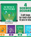 Science Party Favor Bundle With Drawstring Bags, Silicone Bracelets, Pins And Stickers, 86 Piece Scientist Birthday Decor Set featuring colorful science-themed bags.