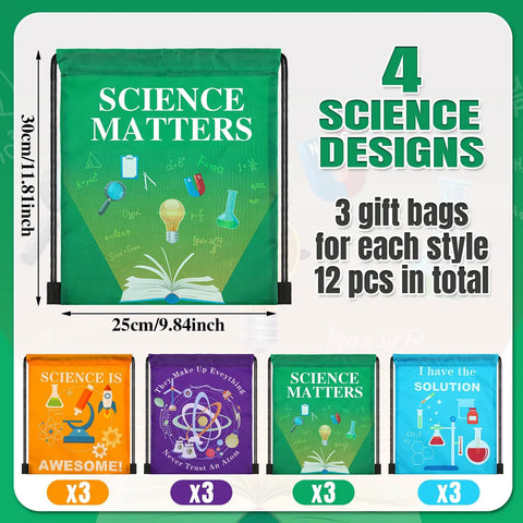 Science Party Favor Bundle With Drawstring Bags, Silicone Bracelets, Pins And Stickers, 86 Piece Scientist Birthday Decor Set featuring colorful science-themed bags.