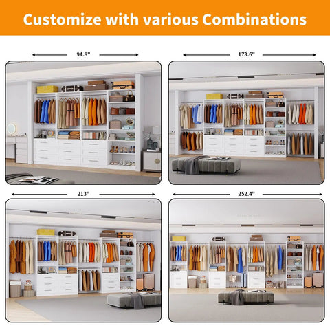 Kick Ass White Closet System, 8ft Modular Organizer showcasing customizable configurations with hanging clothes and drawers.
