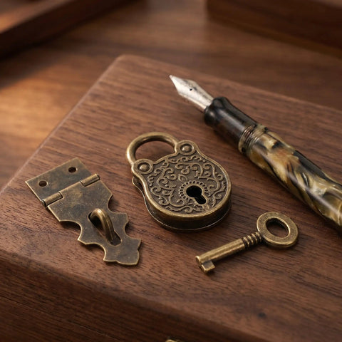 Antique Bear Shaped Wine Box With Lock Hasp And Keys showing intricate padlock and key on wooden surface