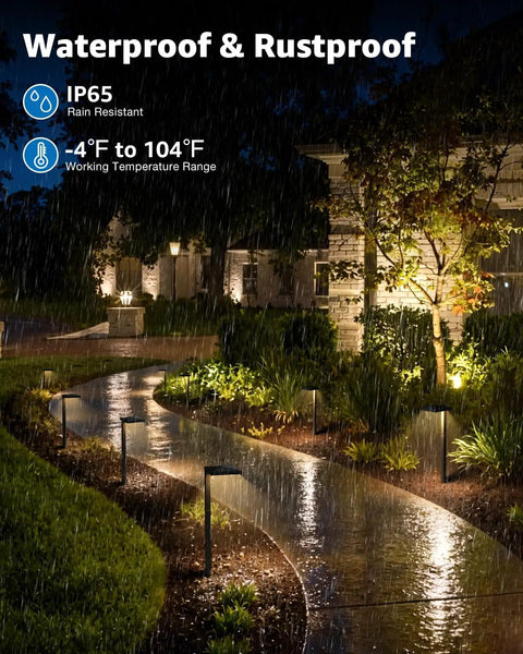 Outdoor walkway lit by All In One Outdoor Landscape Lighting Kit With 60W Low Voltage Transformer 100 Ft Wire 6 Anti Glare LED Pathway Lights 2 Spotlights And Quick Connectors For Walkway Garden And Yard in rain at night.
