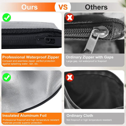 Comparison of professional waterproof zipper and insulated aluminum foil in Bombproof Fireproof Document And Money Bag Set, Waterproof Safe Pouch With Zipper, Two Pack In Thirteen Point Four By Ten Inch And Eleven By Six Inch Sizes, Carry Cash And Valuables Safely From Fire And Water with ordinary zipper and cloth.