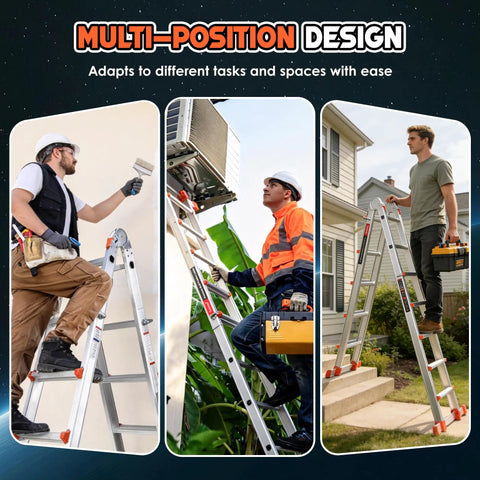 Telescoping A Frame Ladder 17 Ft With Anti Slip Feet, Multi Position Extension Ladder, Dual Stabilizer Bars For 8 Point Ground Contact, Secure Locking And Smooth Retraction For Stable Wobble Free High Reach Tasks. Multi-position aluminum ladder used for painting, cleaning, and home maintenance.