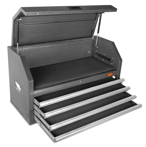 42 Inch Premium Tool Chest With Heavy Duty 21 Gauge Powder Coated Steel Construction, Four Lockable 100 Pound Soft Close Drawers