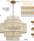Huge White Rattan Chandelier With 6 Lights Hand Woven 5 Tier Pendant Light For Dining Room Living Room Kitchen Island Foyer Sunroom And Restaurant Adjustable Height Up To 70 Inches with detailed product specifications