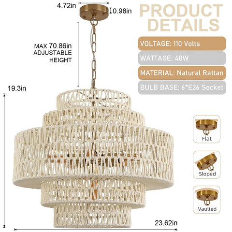 Huge White Rattan Chandelier With 6 Lights Hand Woven 5 Tier Pendant Light For Dining Room Living Room Kitchen Island Foyer Sunroom And Restaurant Adjustable Height Up To 70 Inches with detailed product specifications