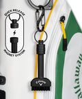 Mini-Mag Magnetic Club Brush for Golf attached to bag, featuring quick-release magnet, durable nylon bristles, compact design.