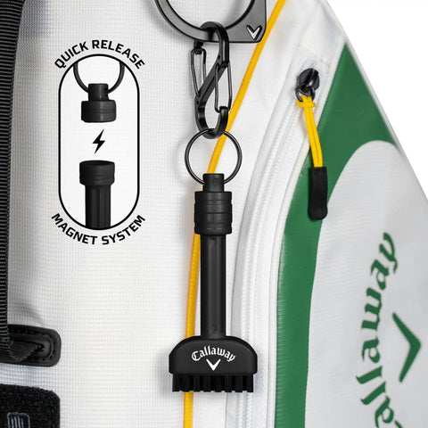 Mini-Mag Magnetic Club Brush for Golf attached to bag, featuring quick-release magnet, durable nylon bristles, compact design.