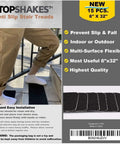Person stepping on stair with Self Adhesive Non Slip Stair Tread Tape 15 Pack Pre Cut 32 By 6 Inch Black Stair Step Strips