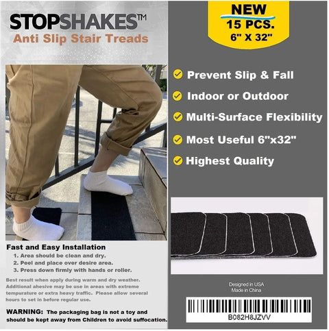 Person stepping on stair with Self Adhesive Non Slip Stair Tread Tape 15 Pack Pre Cut 32 By 6 Inch Black Stair Step Strips