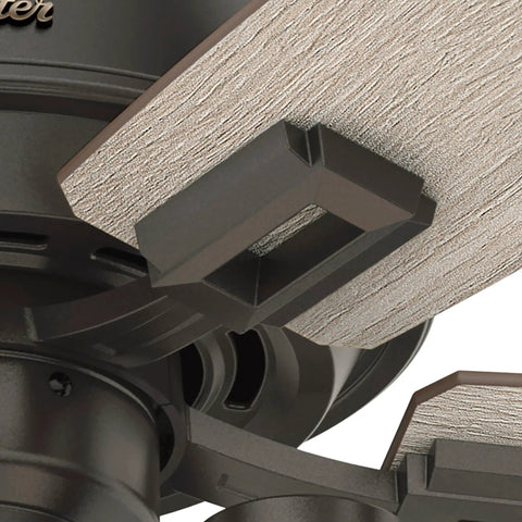 Close-up of Donegan 44 Inch Ceiling Fan in Noble Bronze Finish with Rustic Designer Series Look showing blade attachment detail.