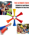Colorful Six Pack Stadium Horns Vuvuzelas Extendable Eleven Inch Plastic Noise Makers for game day tailgates deep roar