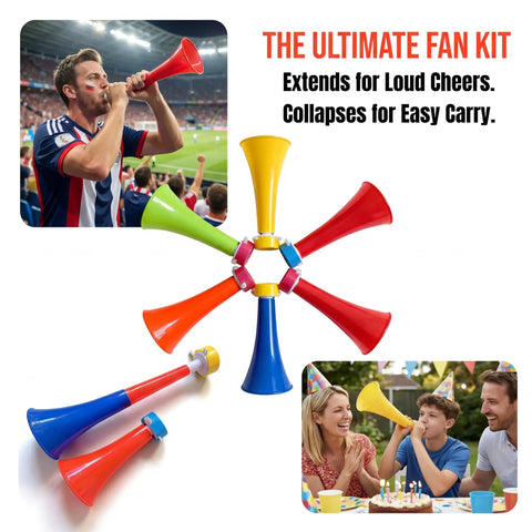 Colorful Six Pack Stadium Horns Vuvuzelas Extendable Eleven Inch Plastic Noise Makers for game day tailgates deep roar
