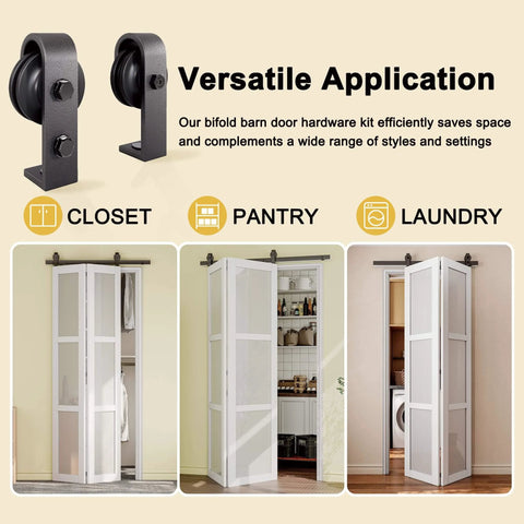 This heavy-duty 40 inch and bifold barn door hardware kit fits two 18 inch doors, versatile for closets, pantries, laundry rooms.