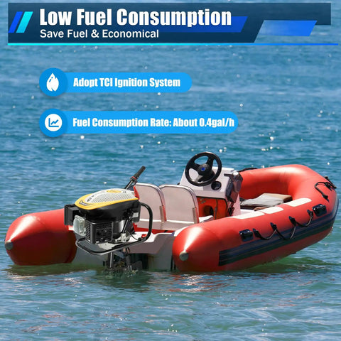 Inflatable boat with 4 Stroke 9HP Outboard Motor with 225cc engine for outdoor adventures, featuring long shaft marine power