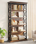 Heavy Duty Six Tier Industrial Bookshelf With Fresh X Pattern Accents 71 Inch Tall showing open shelving with decor and books.