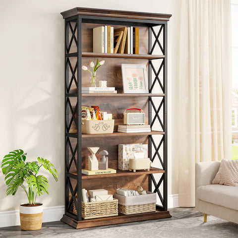 Heavy Duty Six Tier Industrial Bookshelf With Fresh X Pattern Accents 71 Inch Tall showing open shelving with decor and books.