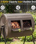 Dual Chamber Compost Bin With 360 Degree Rotating Tumbler 37.5 Gallon Outdoor Bin On Sturdy Metal Stand Lockable Doors BPA Free Plastic ideal for composting yard waste in garden setting.