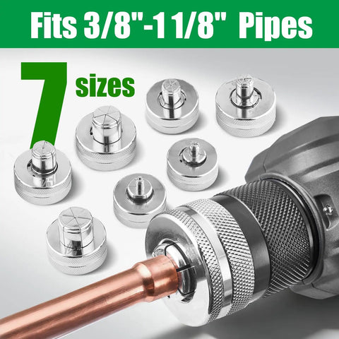 Pro Super Stars Electric Tubing Expander Swaging Tool Kit W 2200mAh Battery Powered showing 7 interchangeable heads for 3/8" - 1 1/8" pipes