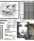 Image showing The Ultimate 22 Piece Sketch Pencils Set for Artists With Graphite Pencils From 6H To 10B, black and white charcoal pencils, blending stumps, kneaded eraser, vinyl eraser, and sharpener, ideal for shading and blending.
