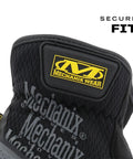 Close-up of M-Pact Open Cuff Work Gloves with Mechanix Wear logo, secure fit feature, black finish, high impact knuckle protection.