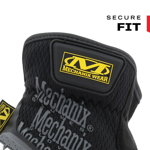 Close-up of M-Pact Open Cuff Work Gloves with Mechanix Wear logo, secure fit feature, black finish, high impact knuckle protection.